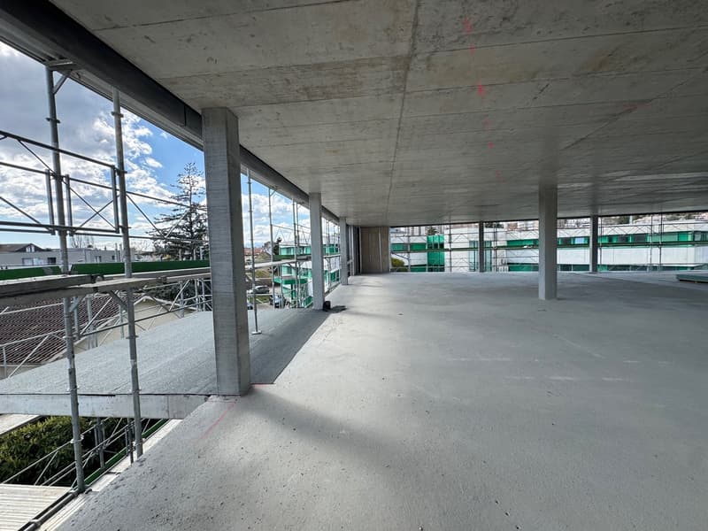 unfinished building, concrete floor, metal scaffolding, large windows, open space