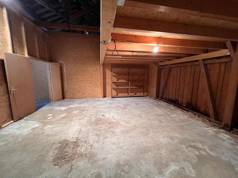 empty room, wooden beams, wooden shelves, concrete floor, doors