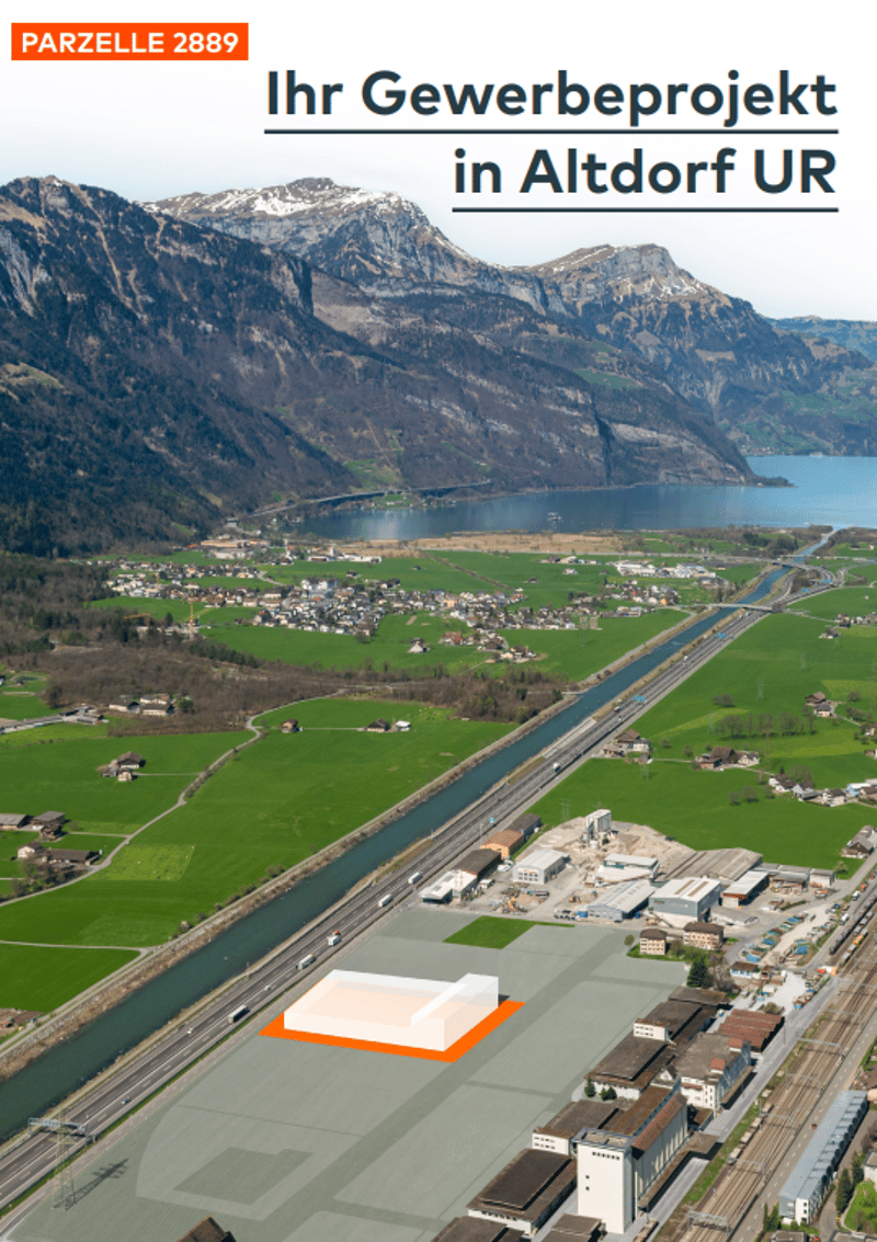 An aerial image of a land for a commercial project in Altdorf UR, featuring a landscape with a river, green fields, mountains, buildings, and a highlighted plot