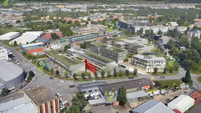 modern office building, glass facade, solar panels on rooftop, central atrium, car park, multiple levels