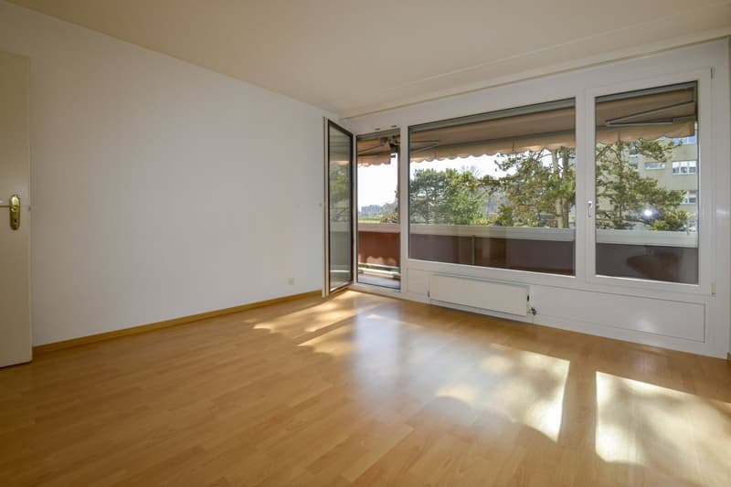 empty room, wooden floor, sliding doors to balcony, white walls, radiator