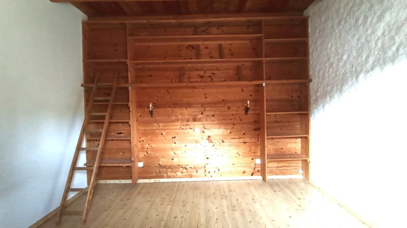 This image shows a room with wooden walls and floors. The room has built-in shelves and storage units along the walls, as well as a ladder leading up to a loft or upper level. The room appears to be a bedroom or living space with a cozy, rustic feel.