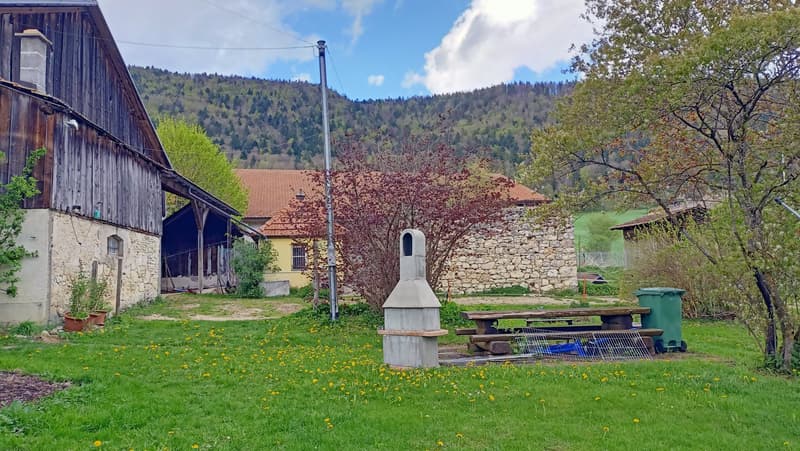 The image shows a rural property with a wooden barn, a stone building, and a chimney. The property is surrounded by lush greenery, including trees and a grassy lawn with yellow flowers. The landscape in the background features rolling hills and forests, c