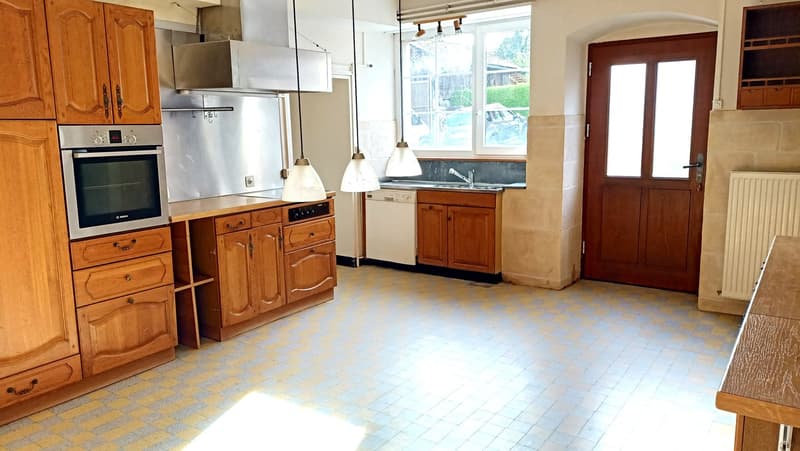 kitchen, electric oven, double sinks, dishwasher, cabinets, tiled floor
