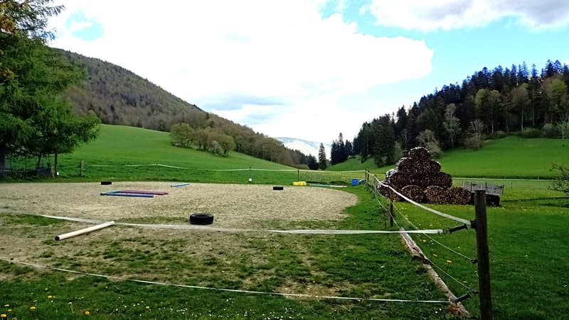 The image shows a grassy field surrounded by forested hills. There is a fenced-off area with various sports equipment and objects, such as tires and wooden poles, suggesting it is used for outdoor recreational activities. A small parking area is visible o