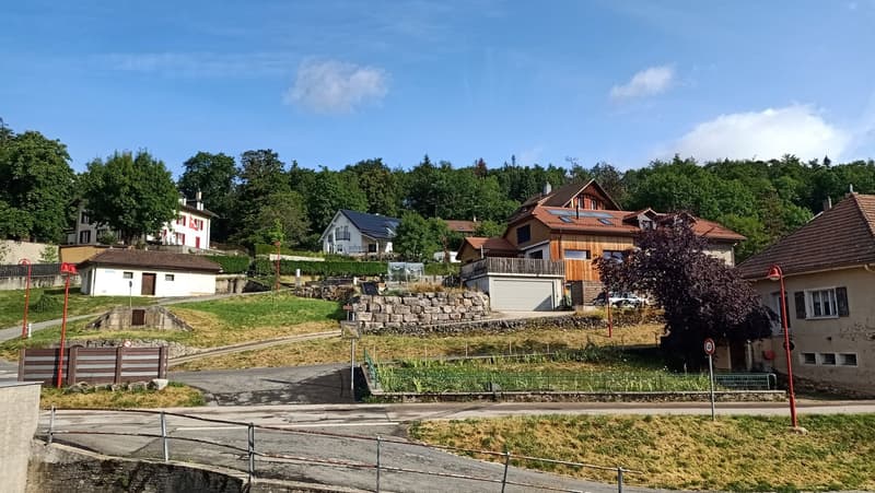 row of houses, residential area, green hills, street, trees, some houses with solar panels, one house has a garage, streetlight poles, grass