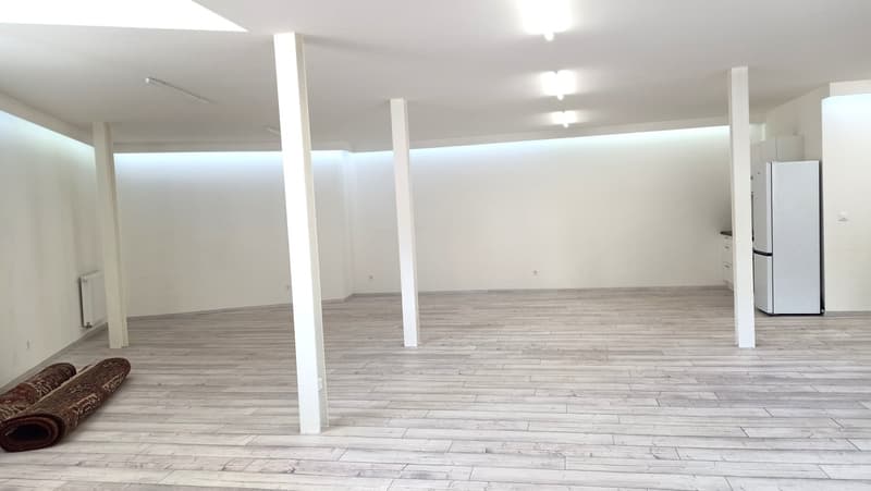Empty room with wooden floor, white pillars, kitchen with fridge, built-in cabinets, wall-mounted heater, ceiling lights, two rolled carpets.