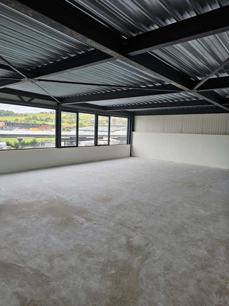 Large open space with concrete floor, black metal beams and trusses supporting a glass and metal roof, providing a view of the surrounding landscape through the windows.