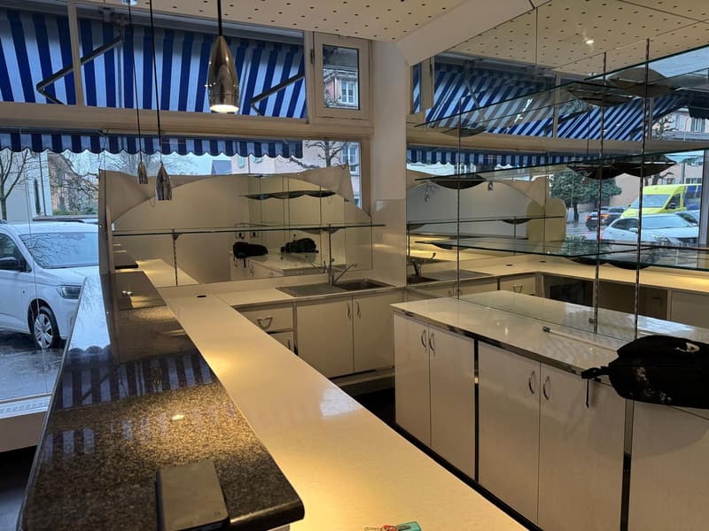 Open kitchen, granite countertops, white cabinets, stainless steel faucet, ceiling-mounted lamps, glass shelving, tiled floor, reflection of street in window.