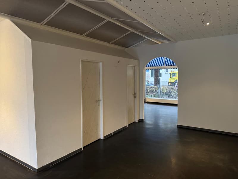 Empty room, white walls, black floor, two white doors, arched opening with striped awning.