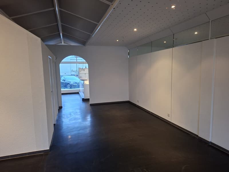Empty room with white walls, black floor, and arched window leading to a hallway. Glass walls and a door are on either side.