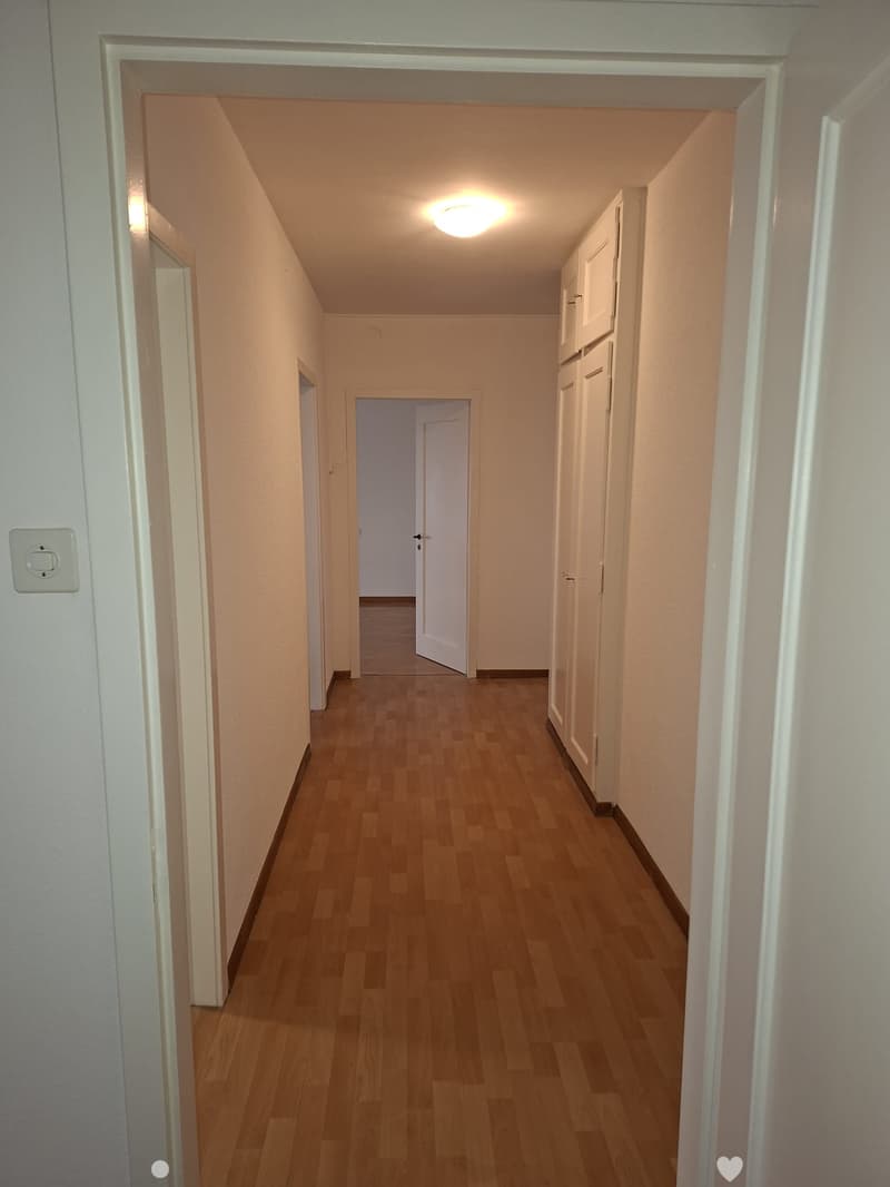 wooden floor, white walls, entrance, doors to rooms, bright lighting