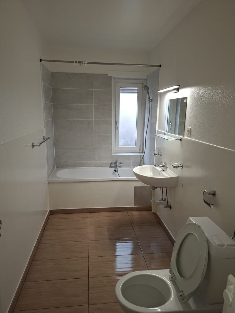 white bathroom, wooden floor, bathtub, sink, shower head, mirror, toilet