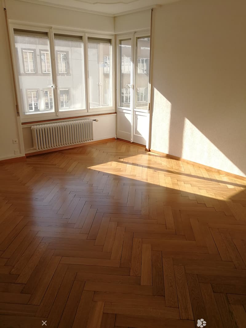hardwood floor, large windows, sunlight, central heating