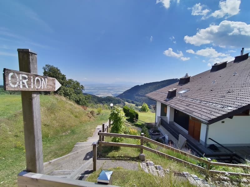 The image shows a scenic rural landscape with a wooden sign pointing to 'Orion', a house with a tiled roof on a hillside, and a view of the surrounding mountains and forests. The sky is blue with some clouds, and the grass and trees in the foreground sugg