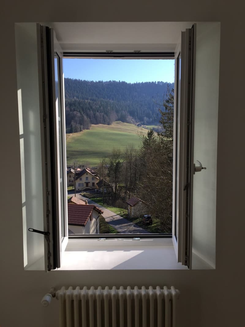 View from a window of a landscape with fields, hills, and houses