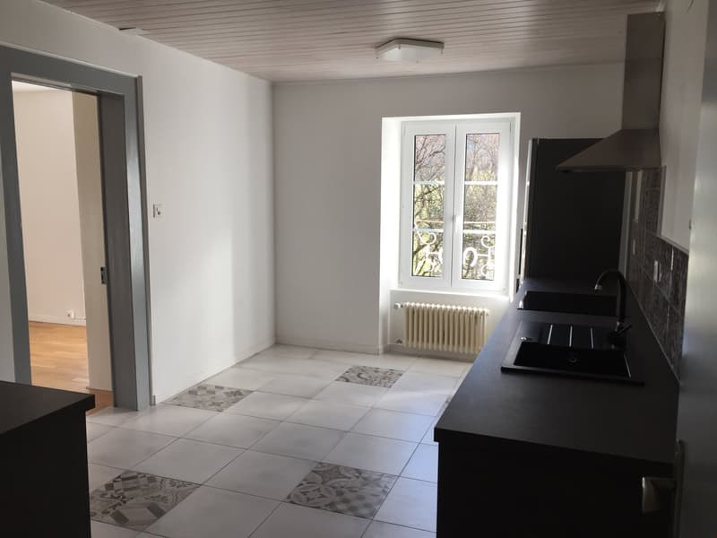 modern kitchen, white tiled floor, windows, ceiling lamp, refrigerator, kitchen sink, window with balcony