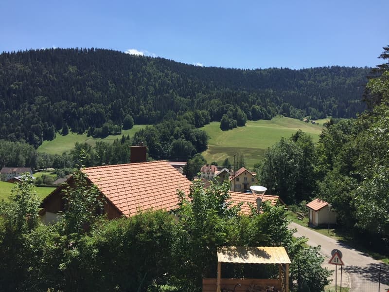 Panoramic view of a valley with a house, lush greenery, a slope, mountains, and a small shed