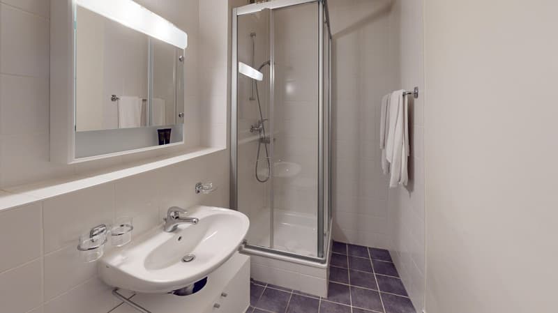 Small bathroom with shower, sink, mirror, towels and sink cabinet