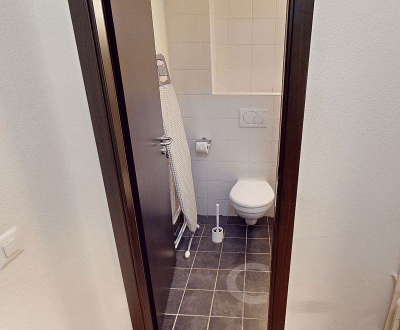 A small bathroom with a toilet, wall-mounted toilet paper holder, and a towel drying rack.
