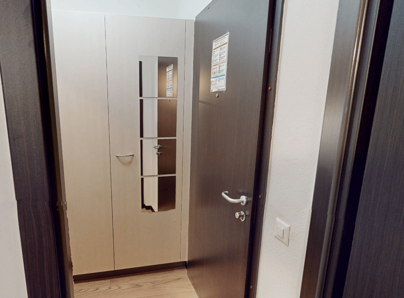 The hallway has a door leading to the interior, a mirror in the door, built-in cabinets, wooden flooring, and a wall switch.