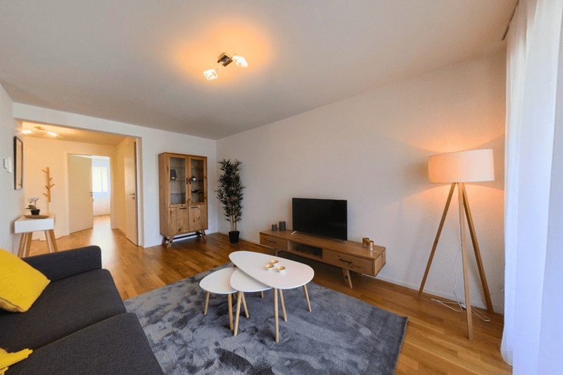 Gray couch, table, television, wooden flooring, floor lamp, gray rug