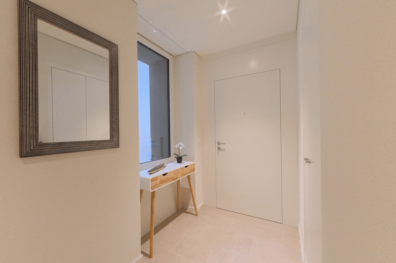 Entrance hallway with a mirror, a wooden console table with a potted plant, and a white door.