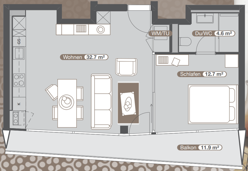 Floor plan with 1 living room, 1 bedroom, 1 bathroom, and 1 balcony.