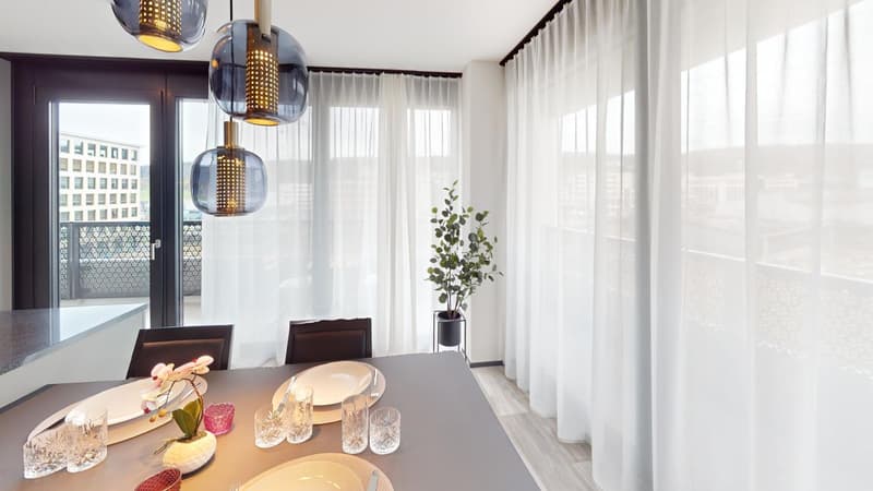 dining room with a balcony and plants, table, chairs, white curtains, windows