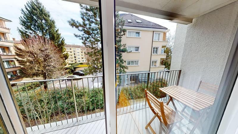 glass door balcony, black metal railing, wooden chair, wooden table, view of street, garden with bushes