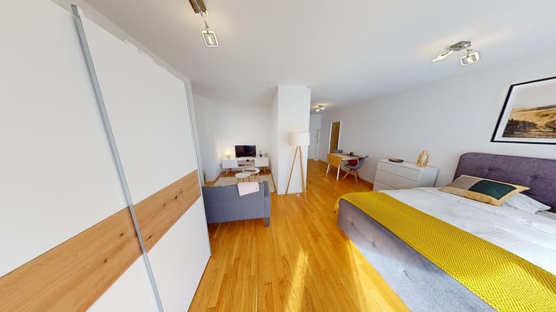 bedroom with wooden floor, double bed, wooden wardrobe, gray armchair, coffee table, tv, desk, chair, rug