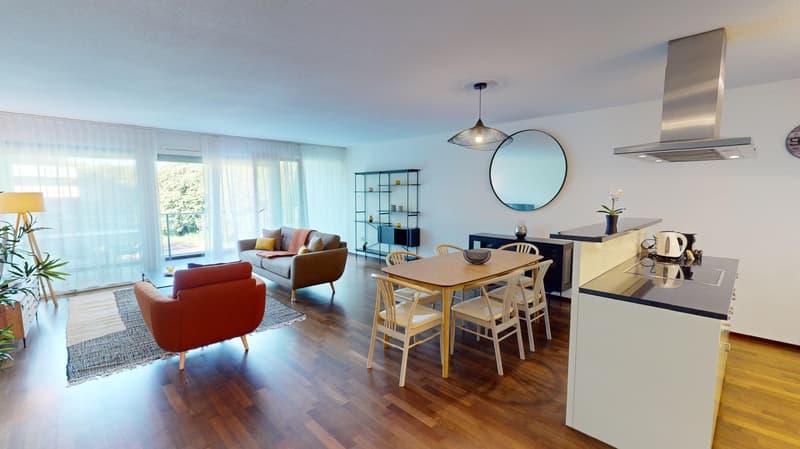 dining table, wooden flooring, open kitchen, living room couch, balcony, garden view