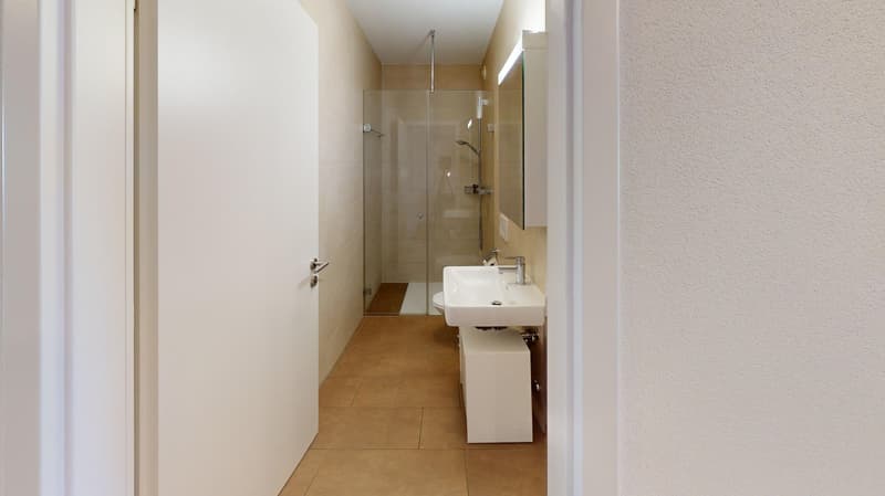 tiled floor, white sink, white washing machine, shower cabin, glass door