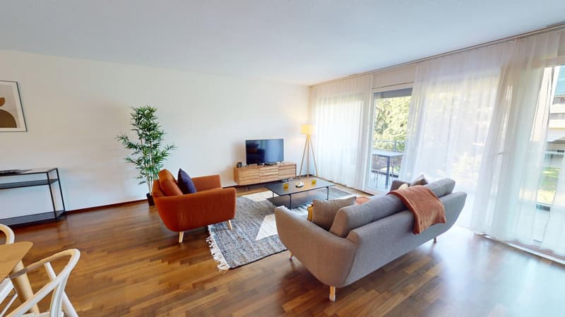 wooden floor, two sofas, glass table, lamp, plant, television, white curtains