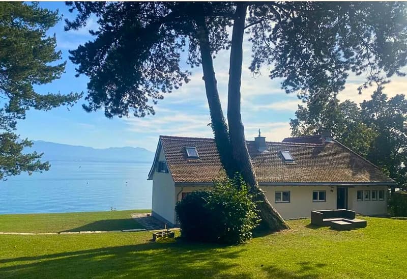 Single-family house with lake view, slate roof, white exterior, two dormer windows, exterior bench, lush garden