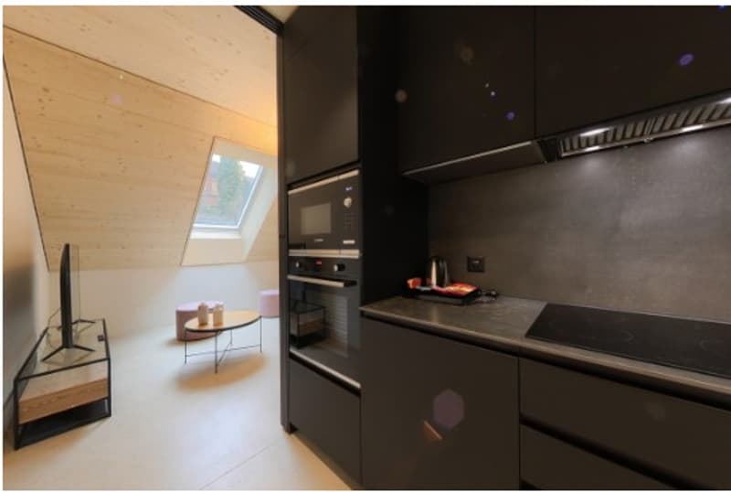 Modern kitchen with appliances, wooden cabinets, black countertops, black microwave and oven, round wooden coffee table, pink stool, floor lamp, flat screen TV