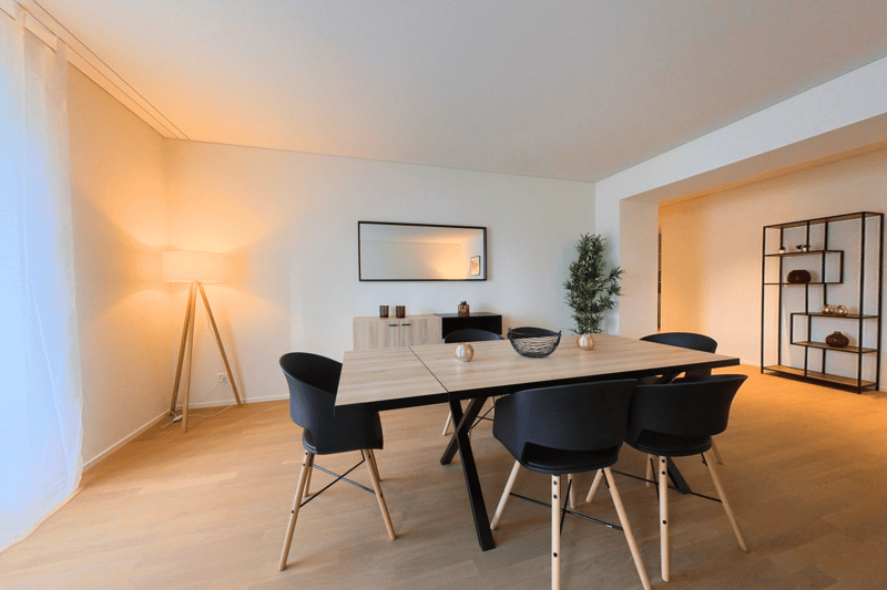 large wooden table, black chairs, light wood flooring, white walls, lamps, plants, shelves