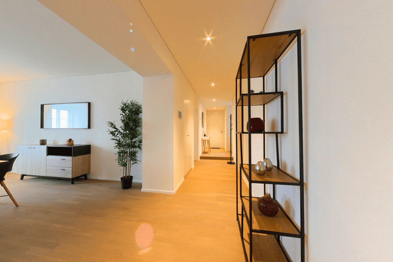 long hallway with hardwood floors, white walls, open doorways, decorative shelf, potted plant, and a table with decorative items