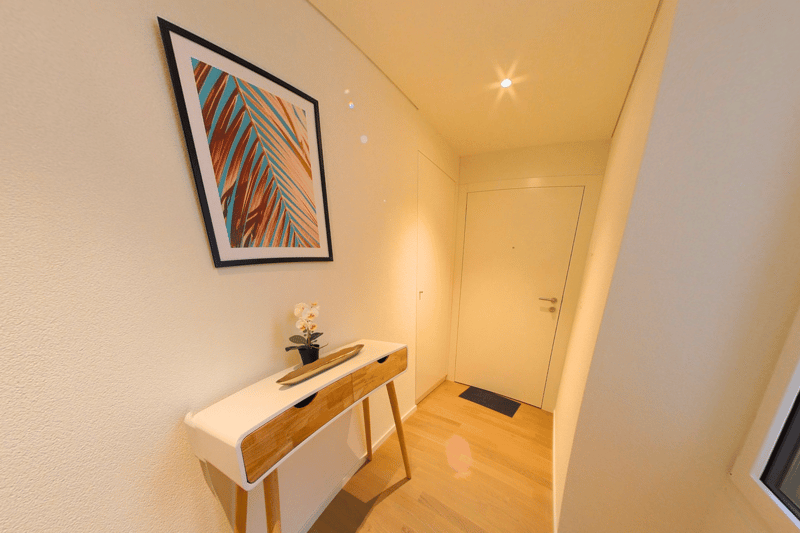 long hallway, light color walls, hardwood floor, small table, painting, white door