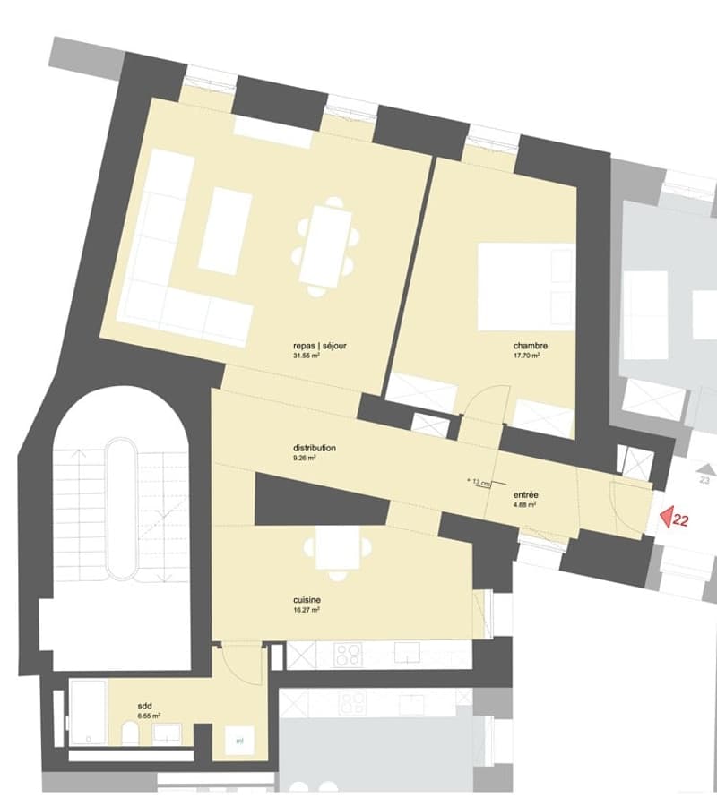 repas, bedroom, 2 bathrooms, terrace, entrance, kitchen, living room, distribution, balcony