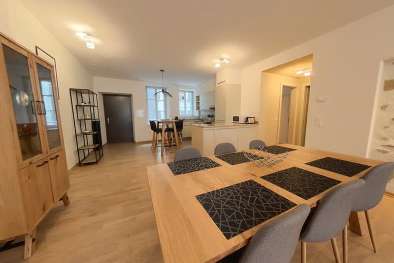 Open-concept living area with kitchen, dining table, and living room. Hardwood floors, white walls, modern furniture and decor. Kitchen has white cabinets and appliances including a dishwasher.