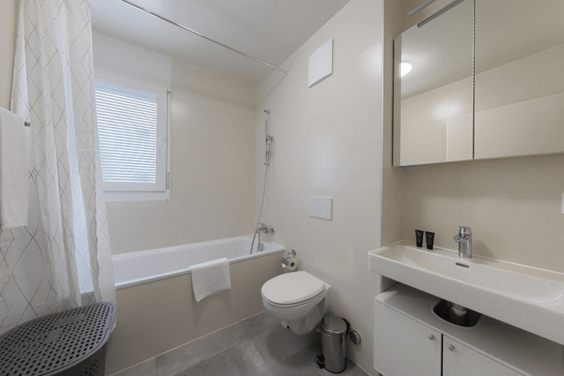 Bathroom with bathtub, toilet, sink, mirror, and storage cabinets