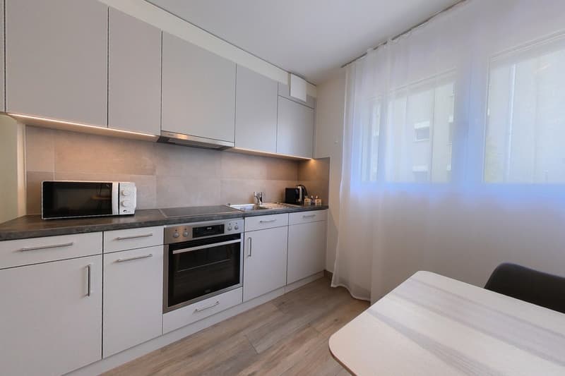 modern kitchen with white cabinets, wooden floor, built-in oven, microwave, sink, dishwasher, countertop, windows with white curtains