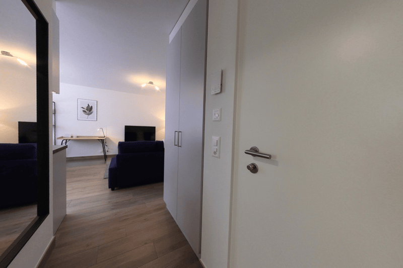 A hallway with a white door, wooden floor, and a mirror reflecting a living room with a couch, table, and TV.