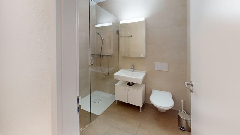 Modern bathroom with glass shower enclosure, white vanity with sink, and toilet. The room has beige tile flooring and walls, and a small storage cabinet below the sink.