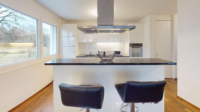 Modern, open-concept kitchen with white cabinets, black countertops, stainless steel appliances including a dishwasher, and a large window overlooking the outdoors. The kitchen features a central island with bar stools.