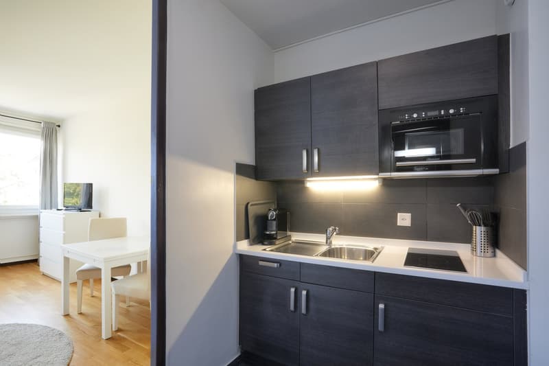 modern kitchen with sink, stove, microwave, and cabinets