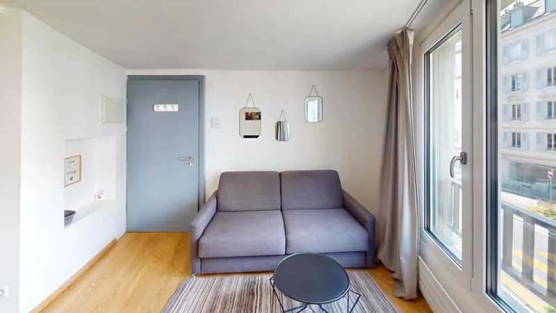 Compact studio apartment with hardwood flooring, gray sofa, small round coffee table, wall decor, and large window with curtains providing access to a balcony or terrace