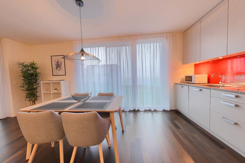 Dining area with a wooden table, chairs, and a pendant light. The room has white walls, wooden floors, and a white curtain. There is a kitchen with white cabinets, a microwave, and a sink. A potted plant is on the left side.