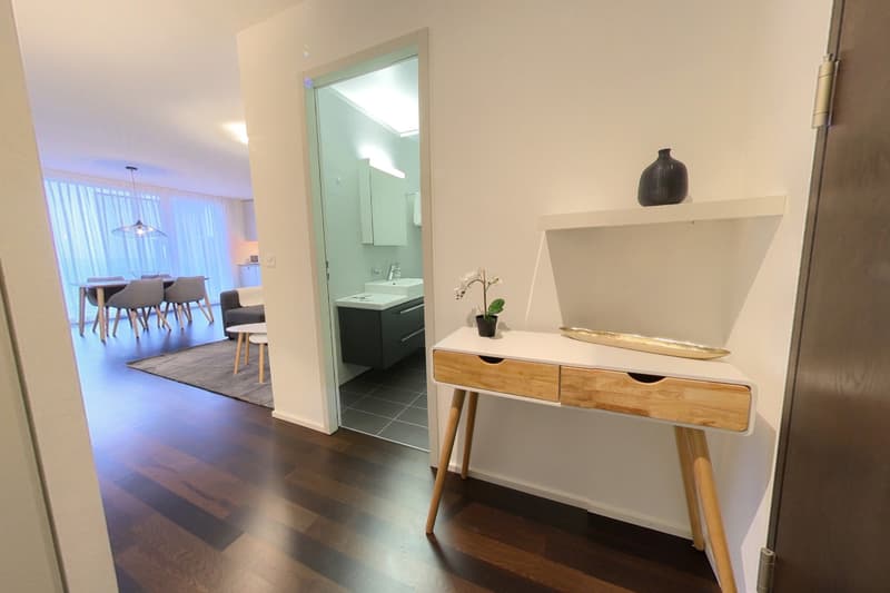 Spacious open-plan apartment with a modern kitchen, dining area, and living room. The apartment features hardwood floors, a console table with drawers, and a bathroom visible through the open doorway.
